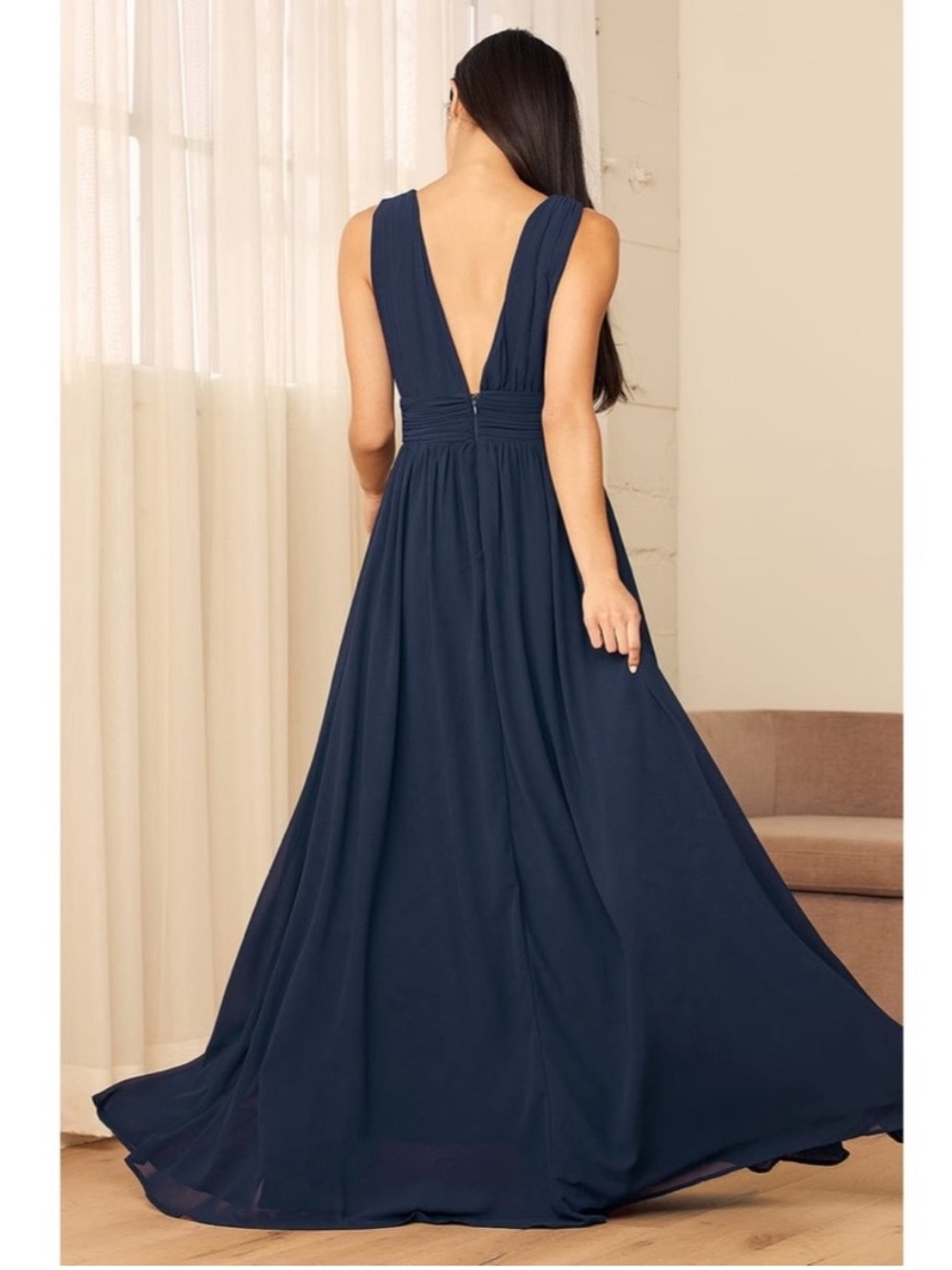 LULUS Navy Chiffon Plunge Neck Princesscore Wedding Guest Formal Goddess Gown S - Picture 4 of 12